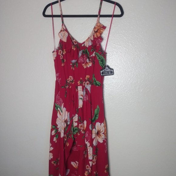 Angie Floral Maxi Dress High Low Ruffle Shorts Red - Picture 2 of 5